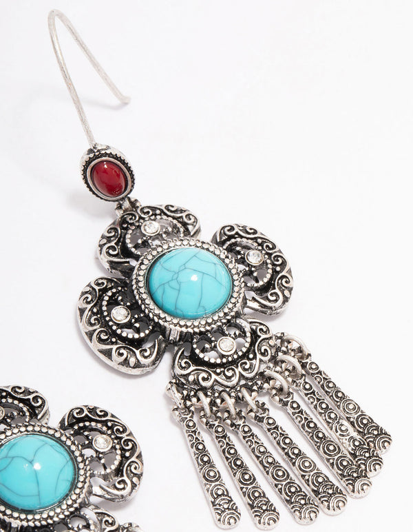 Antique Silver Fringe Cluster Boho Drop Earrings