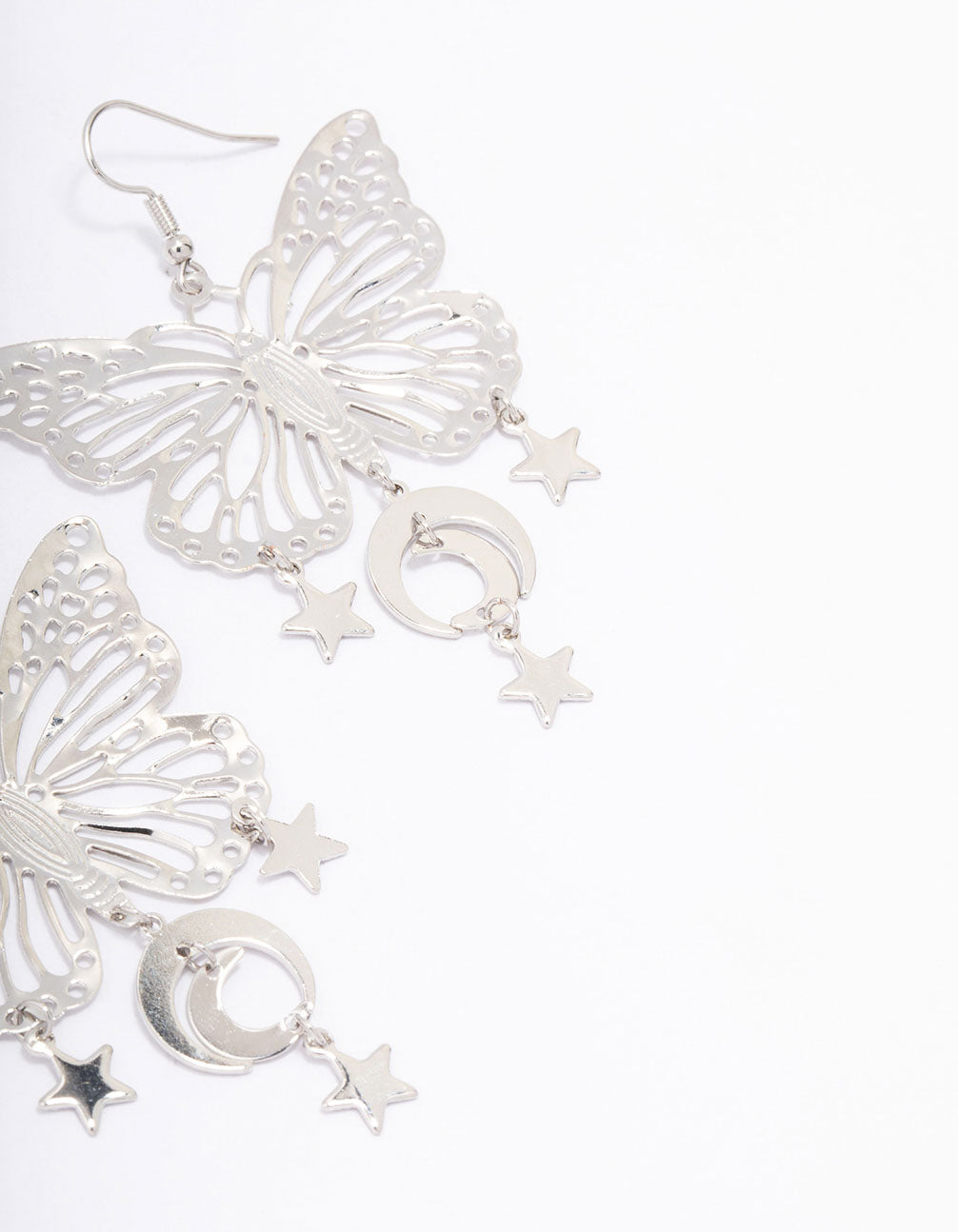 Silver Butterfly Moon Drop Earrings