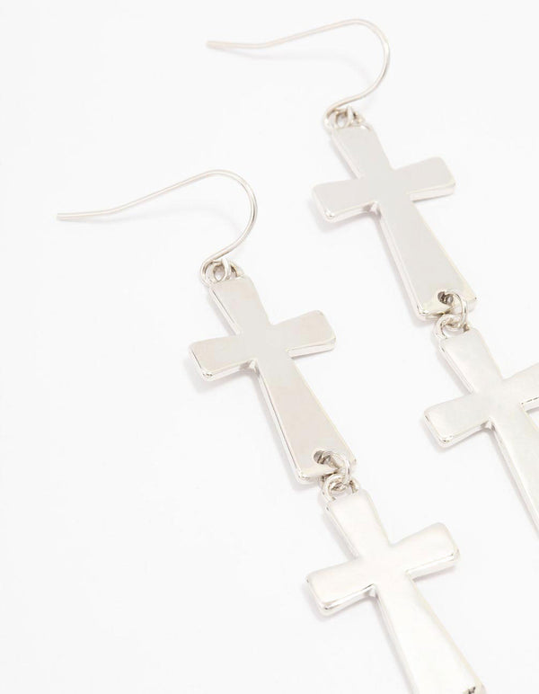 Silver Double Cross Drop Earrings