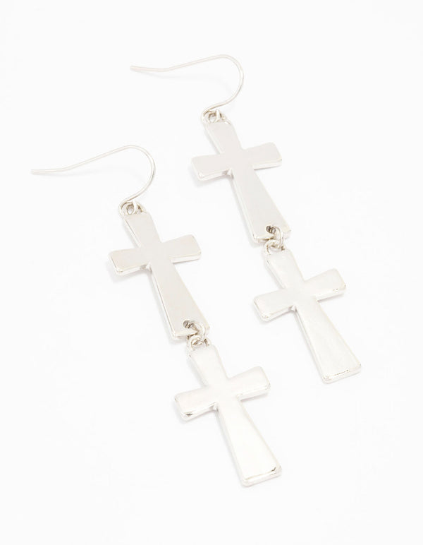 Silver Double Cross Drop Earrings