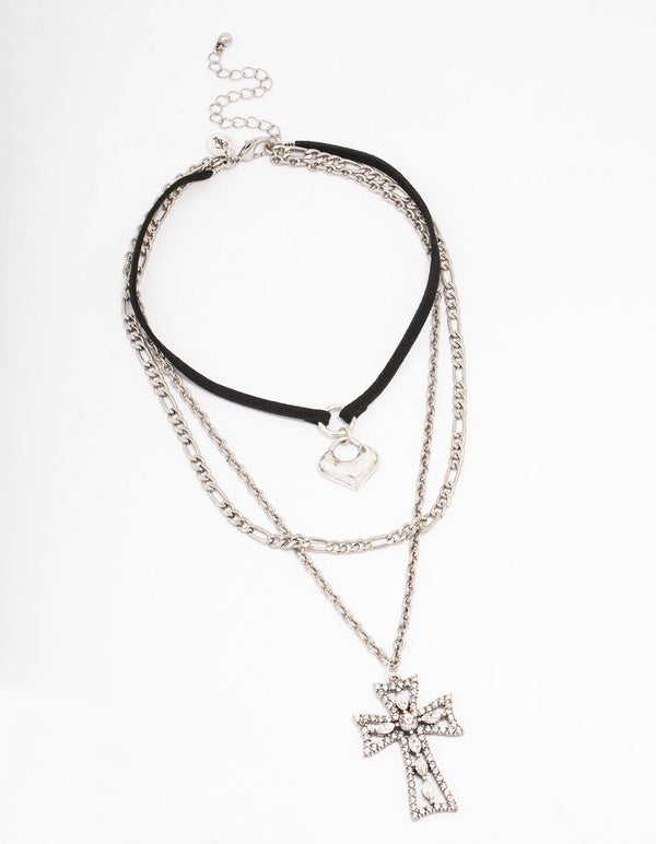 Silver Diamante Cross Cord Layered Necklace