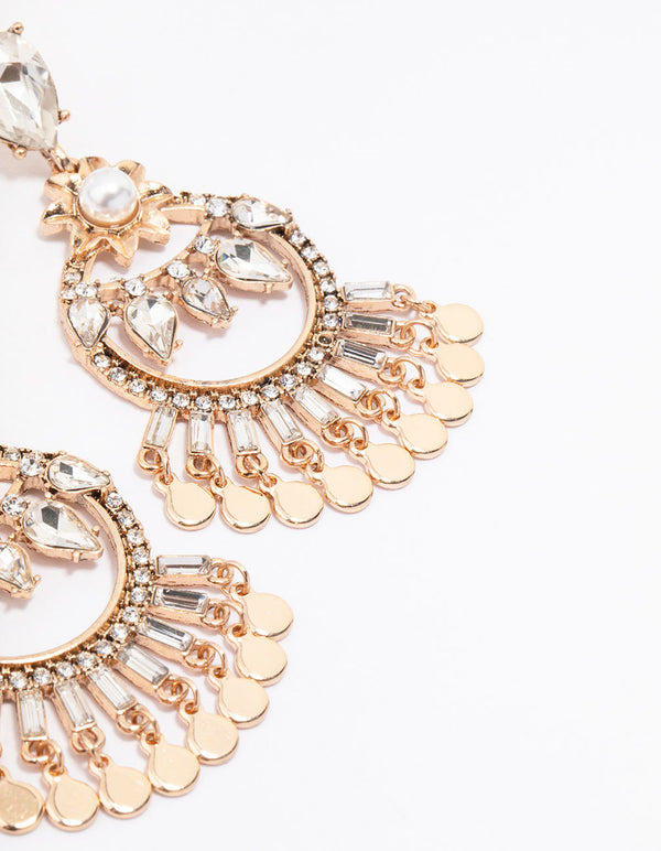 Antique Gold Multi Diamante Stone Drop Earrings