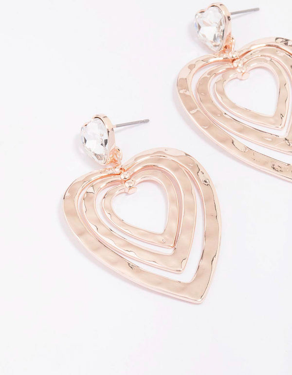Rose Gold Triple Heart Diamante Drop Earrings