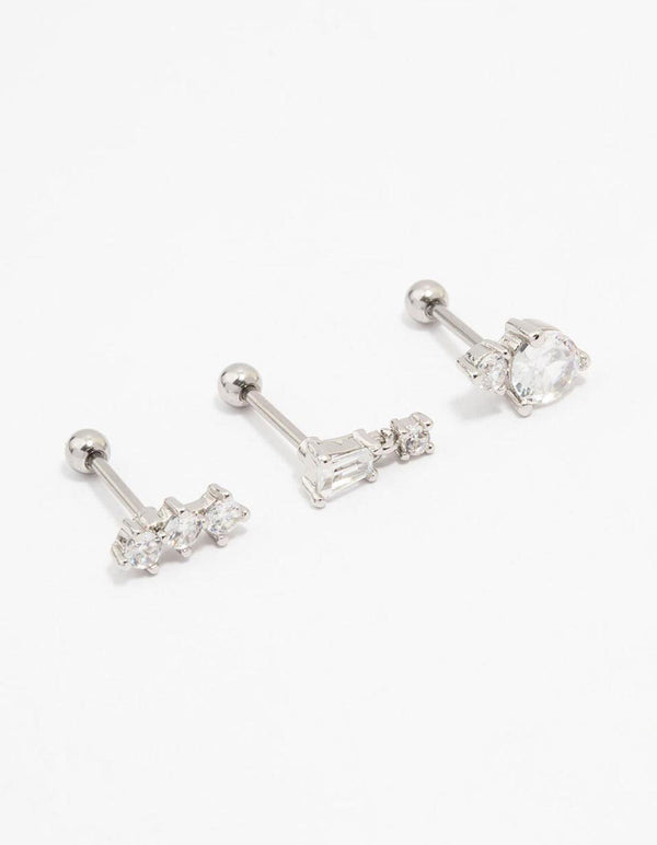Showcasing 3-pack surgical steel baguette drop flat back studs featuring cubic zirconia in silver and clear tones front view