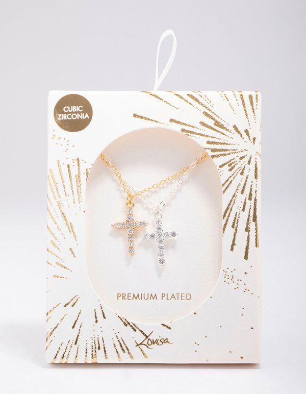 Gold & Silver Plated Cross Cubic Zirconia Pendant Necklace