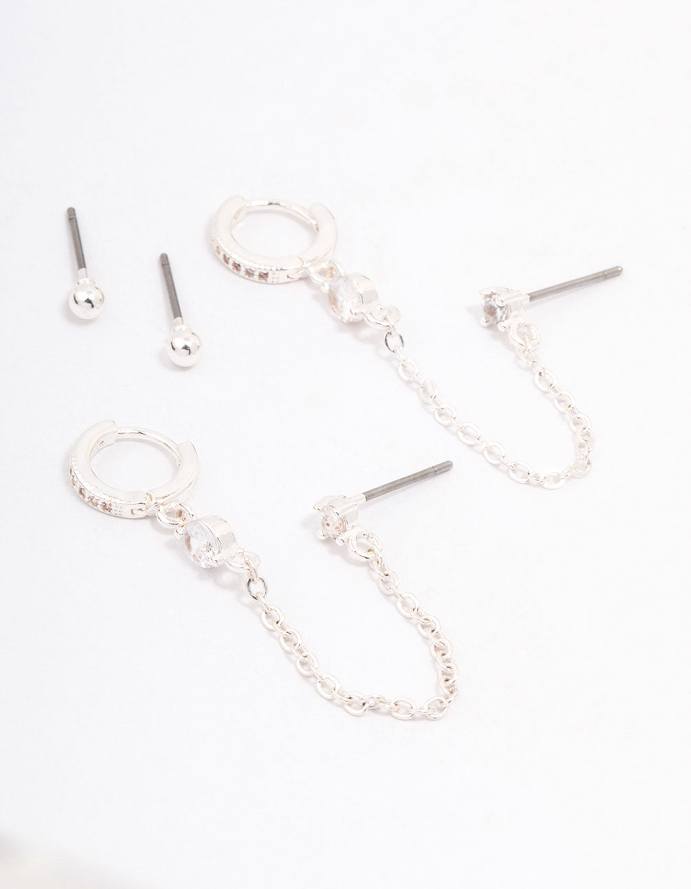 Silver Plated Cubic Zirconia Pave Huggie Chain Earring Pack