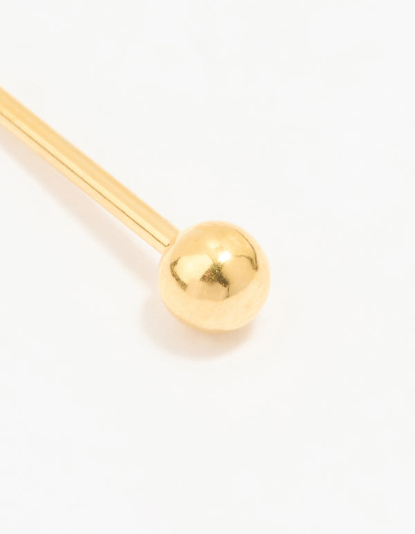 Showcasing a ball design crafted from 24K gold plated surgical stainless steel with stud closure close up view