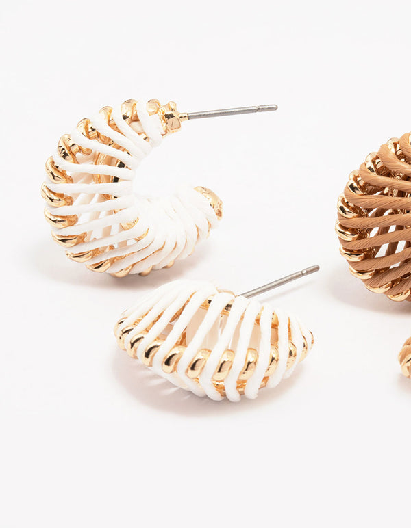 Neutral Raffia Wrapped Huggie Hoop Earring Pack