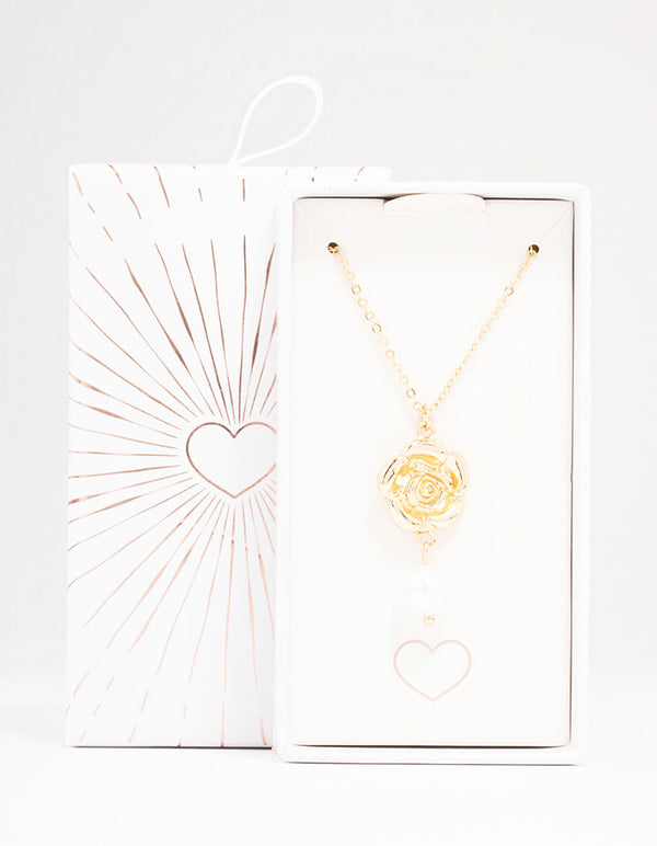 Gold Rose Pearl Pendant Necklace