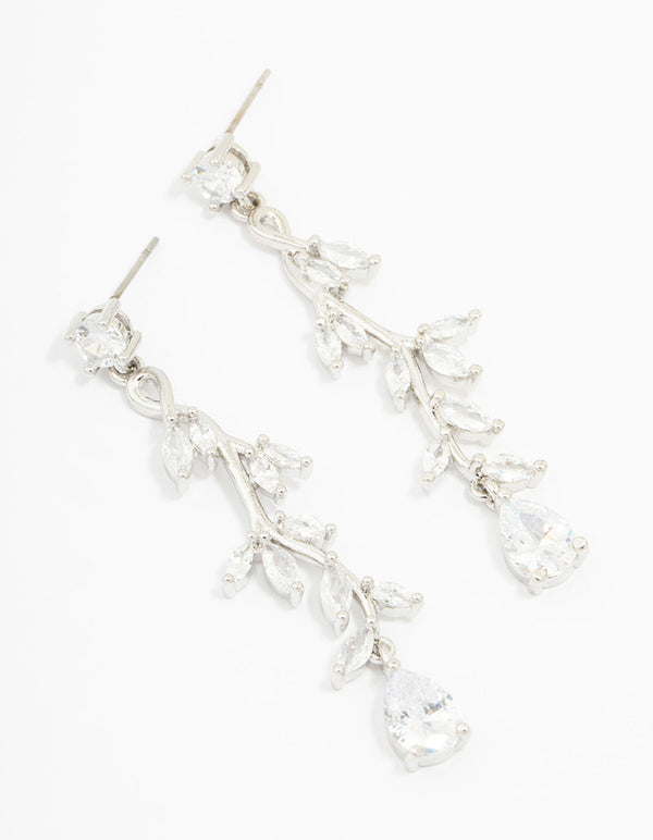 Showcasing silver cubic zirconia vine leaf drop earrings with clear stones in a front view