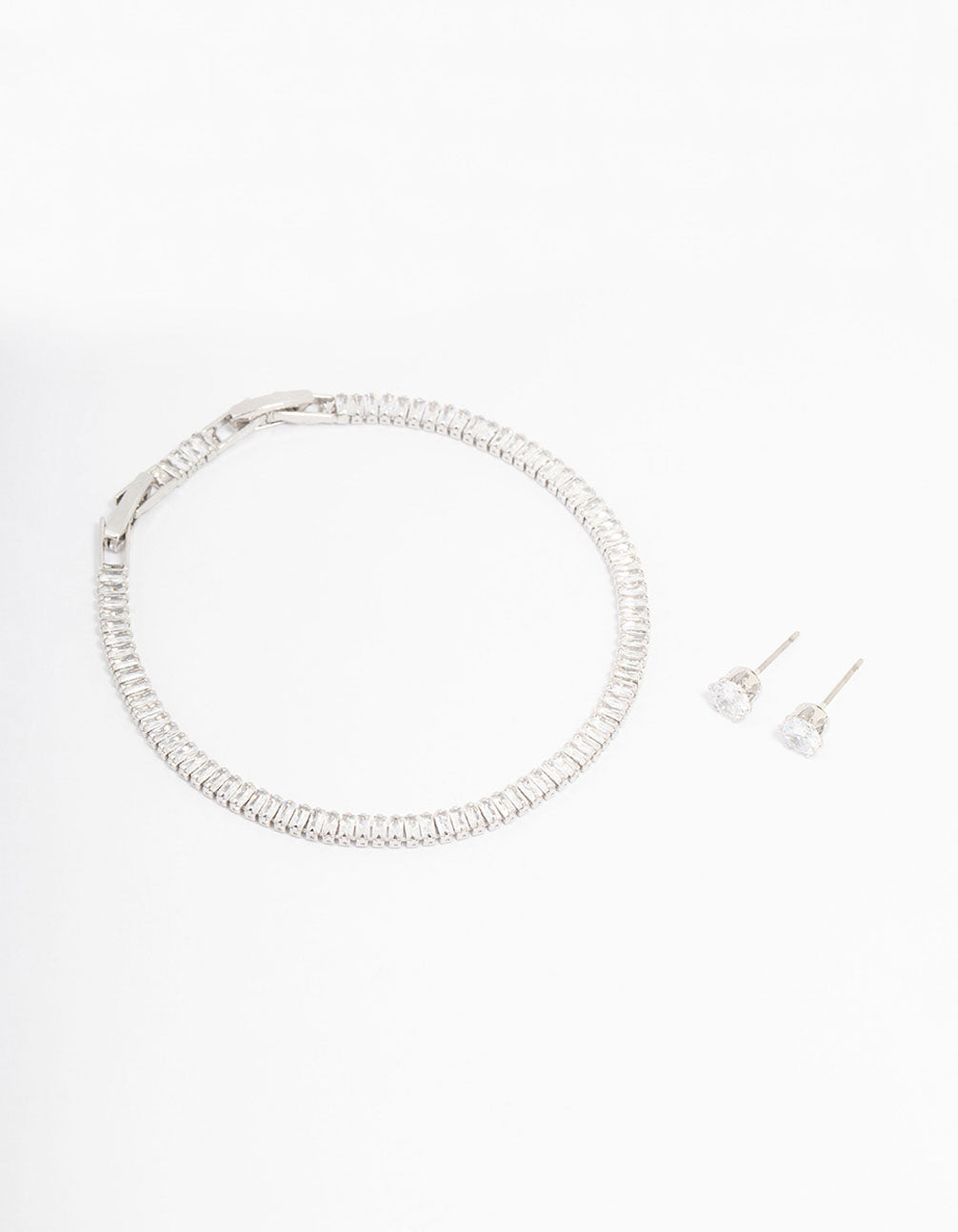Silver Cubic Zirconia Baguette Tennis Bracelet & Earring Set