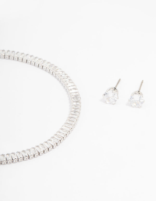 Silver Cubic Zirconia Baguette Tennis Bracelet & Earring Set