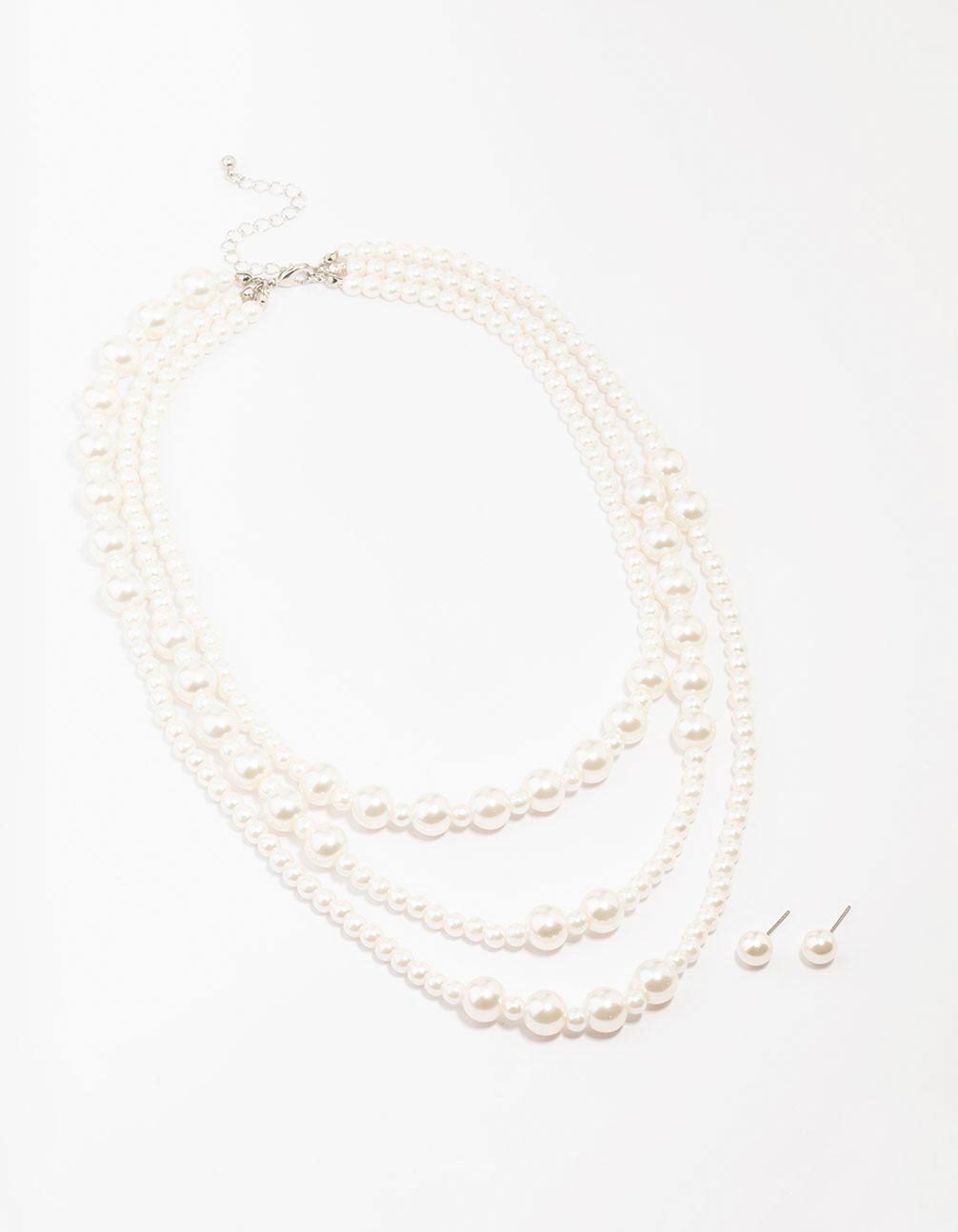 Pearl Beaded Layered Necklace & Stud Earring Set