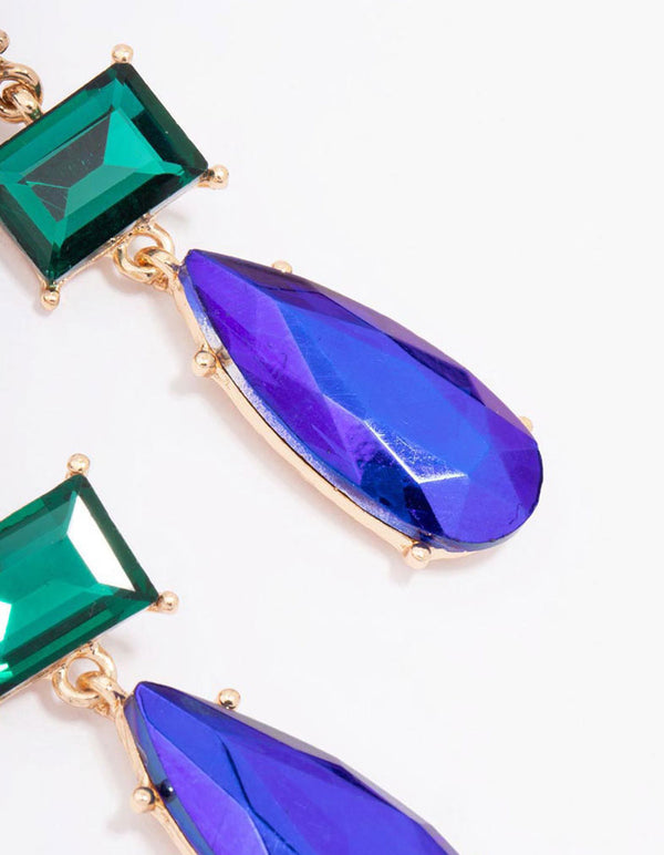 Gold Multi Blue & Green Stone Drop Earrings