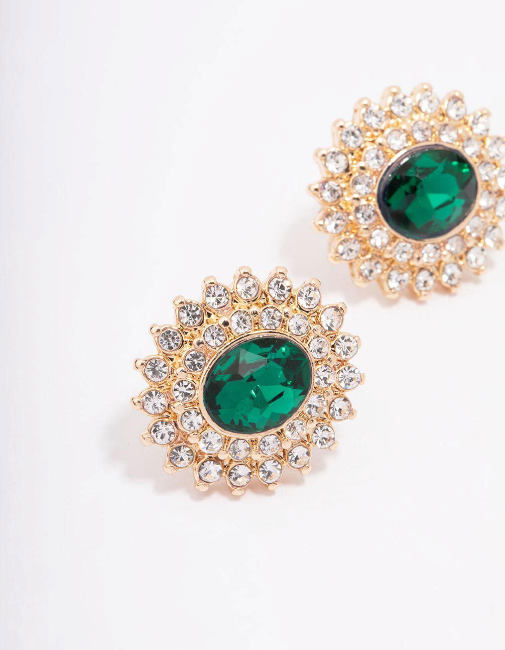 Gold Oval Emerald Circle Stud Earrings