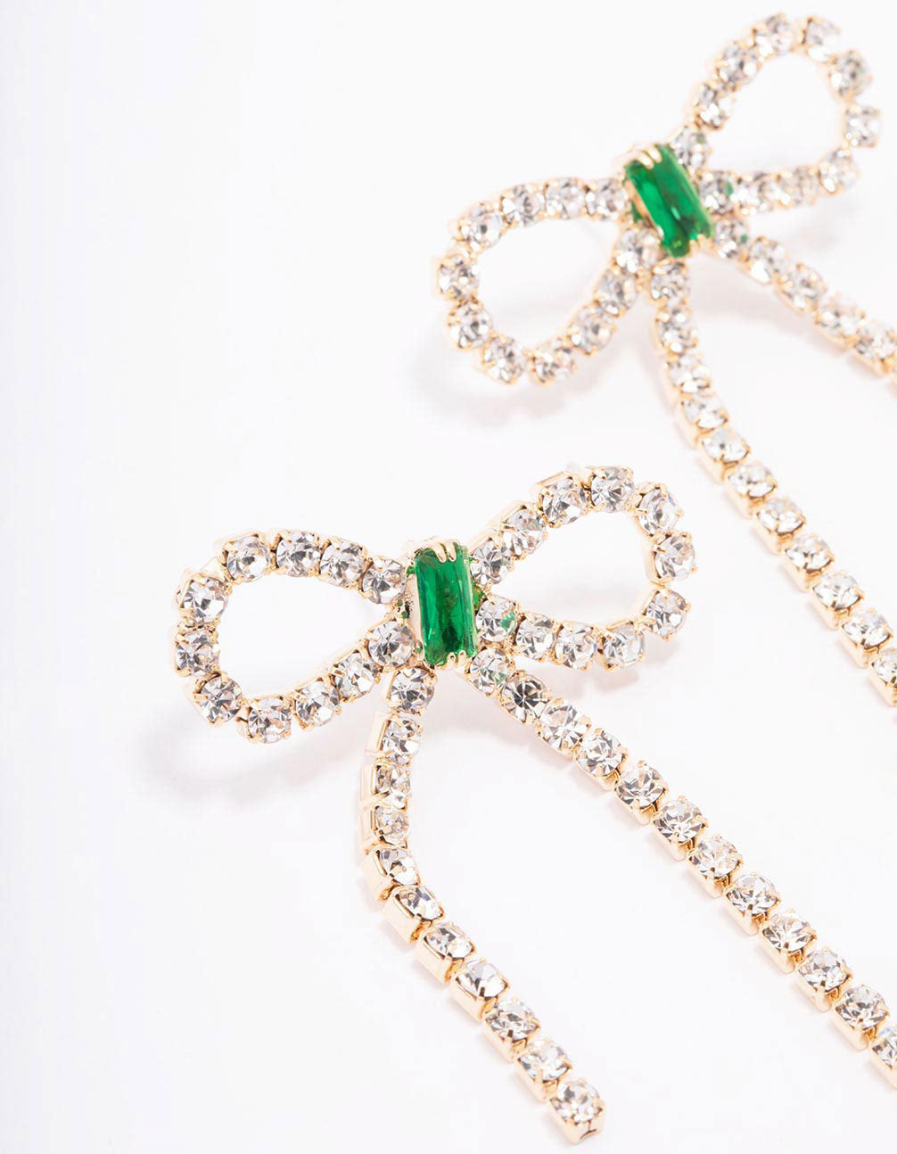 Gold Diamante Emerald Bow Drop Earrings