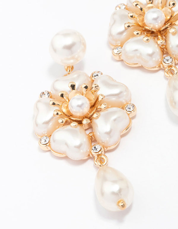 Gold Heart Pearl Drop Earrings