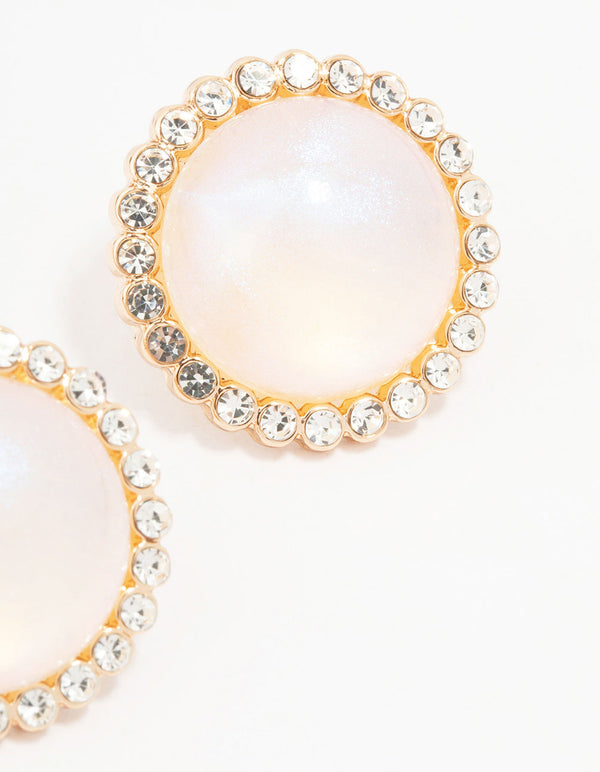 Gold Round Diamante Pearl Stud Earrings