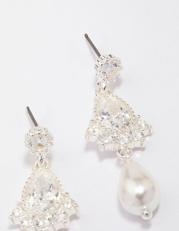 Silver Cubic Zirconia Antique Pearl Drop Earrings