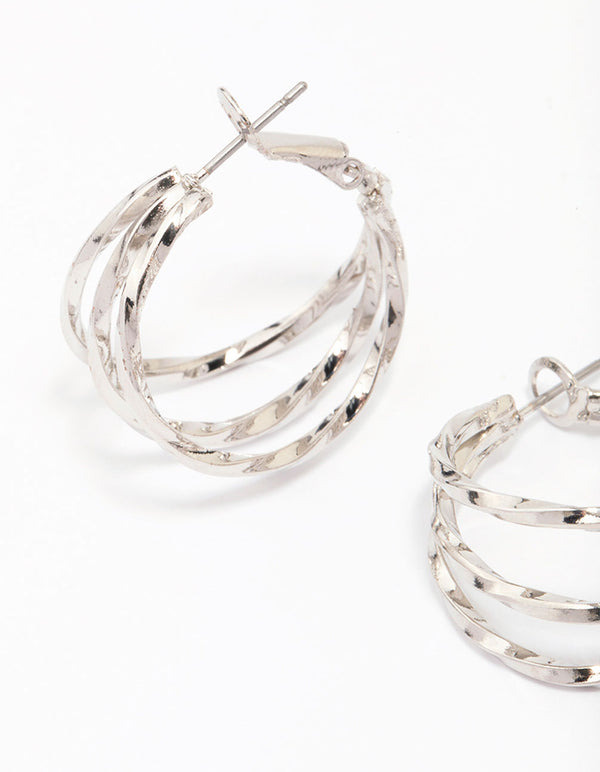 Silver Triple Row Smooth Hoop Earrings