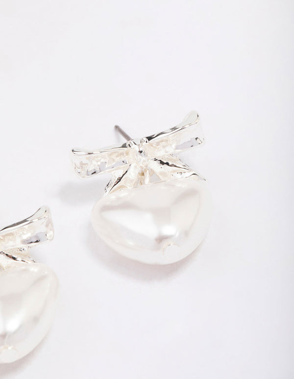 Silver Bow Pearl Heart Stud Earrings
