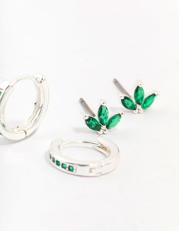 Silver Plated Brass Cubic Zirconia Marquise Stud & Huggie Hoop Earring Pack