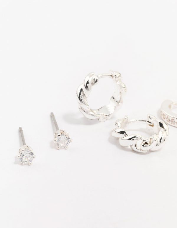 Silver Plated Brass Classic Cubic Zirconia Earring 3-Pack