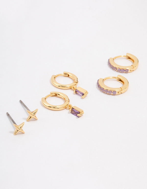 Gold Plated Brass Barbie Baguette Hoop Earring 3-Pack