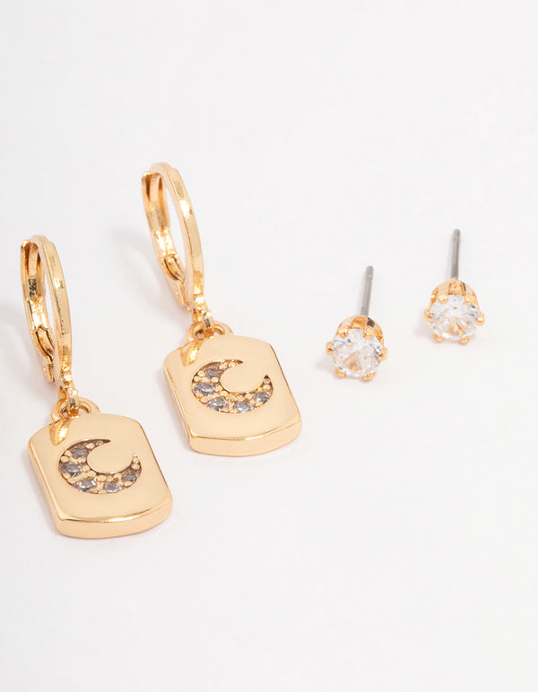 Gold Plated Brass Moon Charm Earring 3-Pack