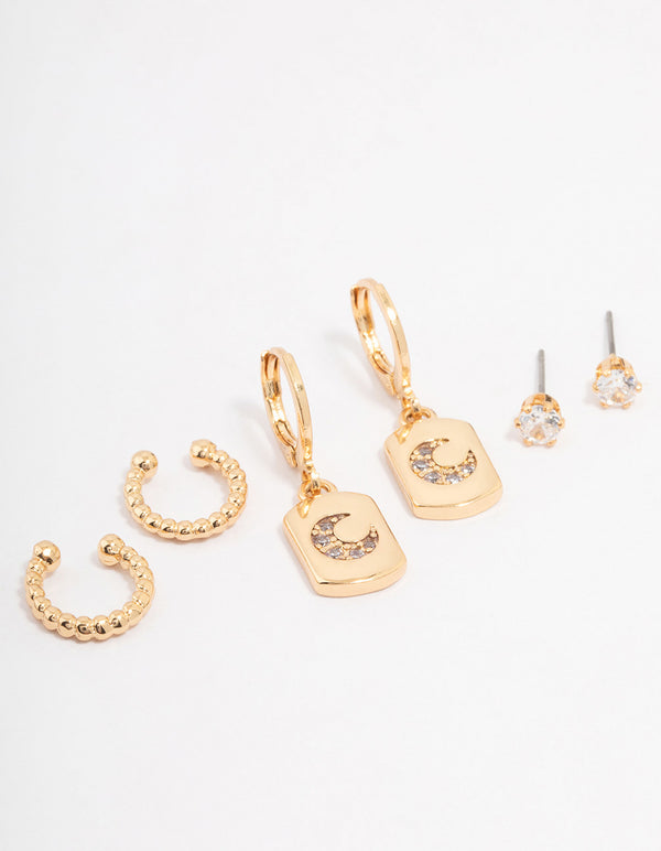 Gold Plated Brass Moon Charm Earring 3-Pack