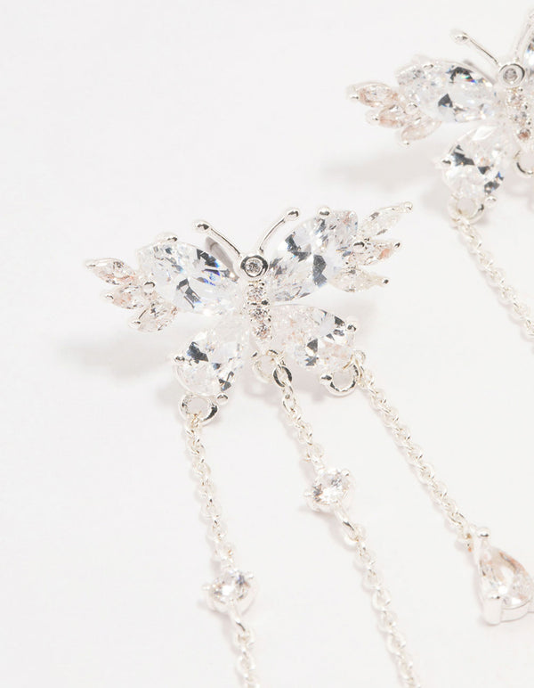 Silver Cubic Zirconia Butterfly Drop Earrings