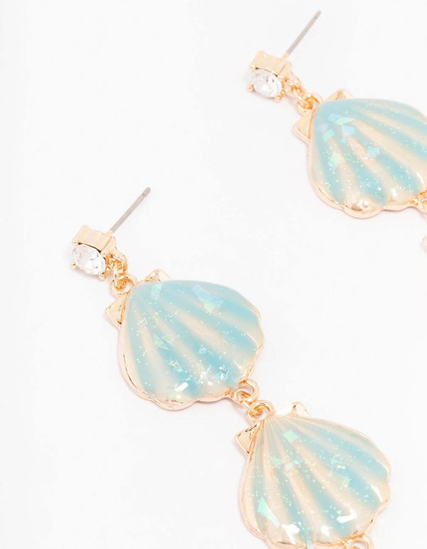 Gold Triple Row Shell Drop Earrings