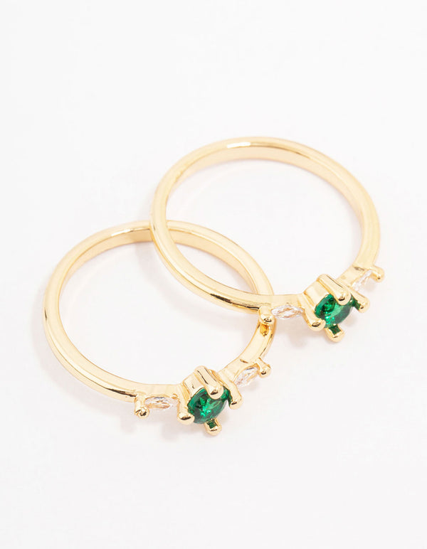 Gold Plated Dainty Trio Emerald Cubic Zirconia Ring Pack