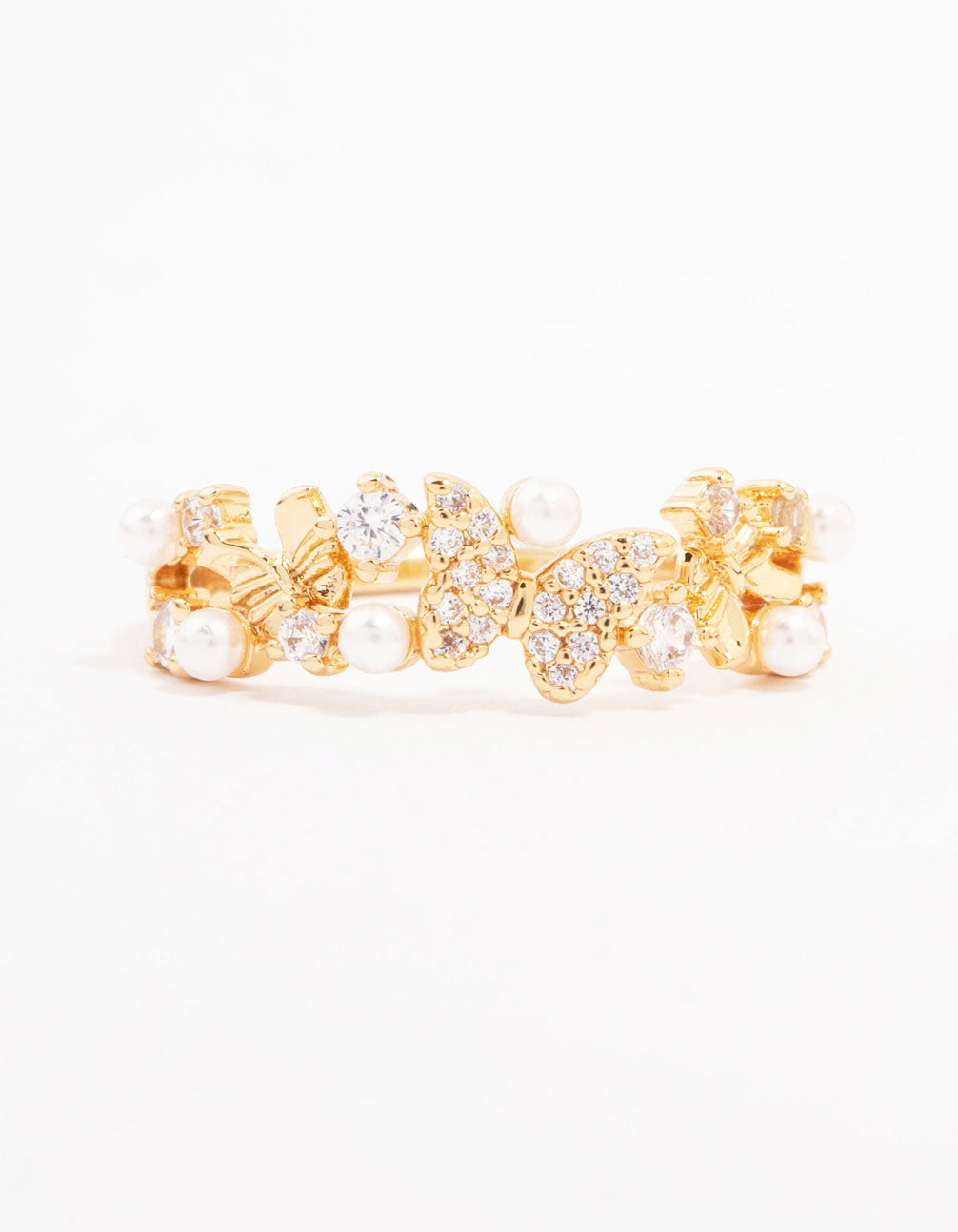 Beautifully designed butterfly pearl band ring crafted from gold plated metal with cubic zirconia in dainty style close up view
