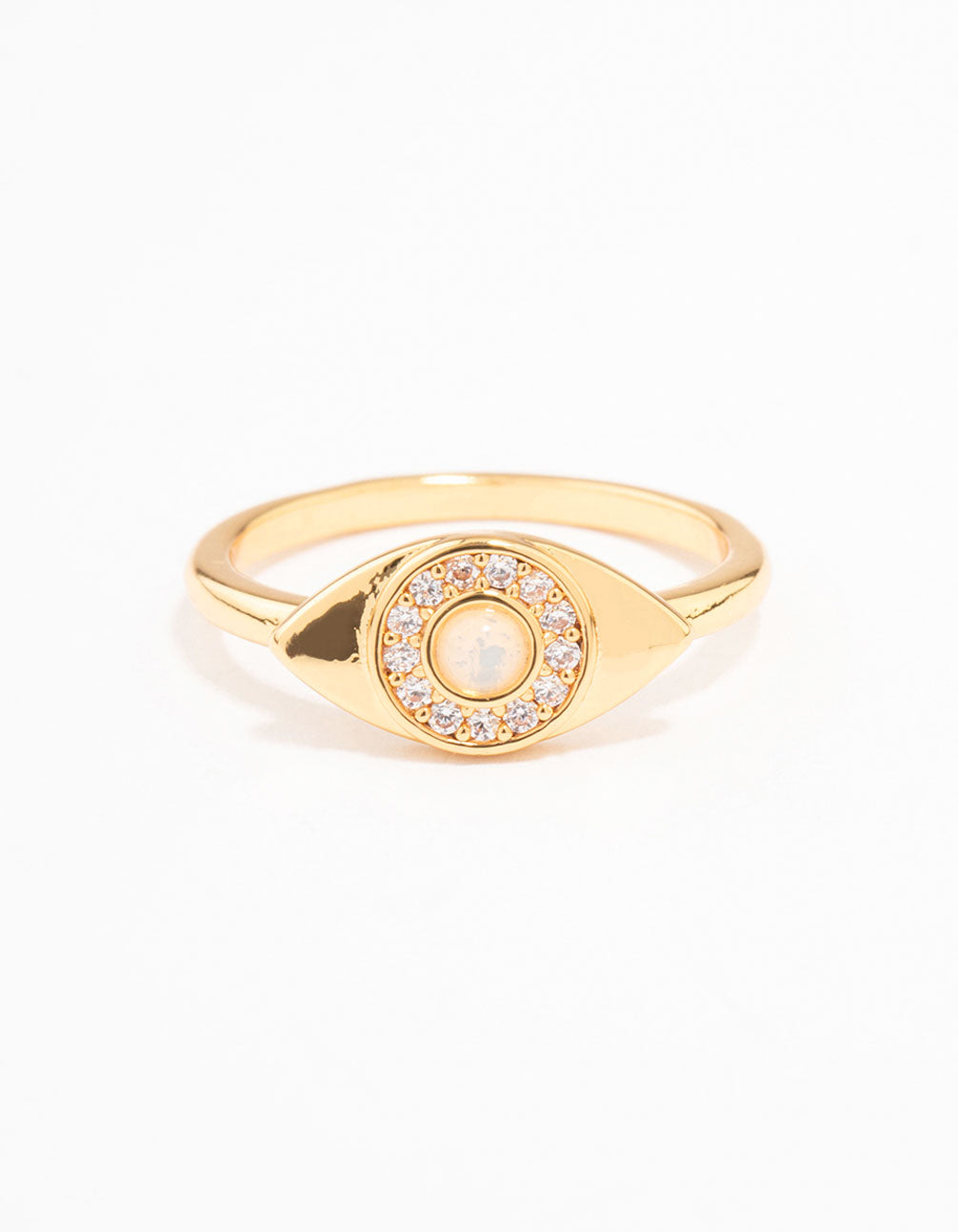 Featuring a gold plated opulent cubic zirconia evil eye ring in dainty style front view