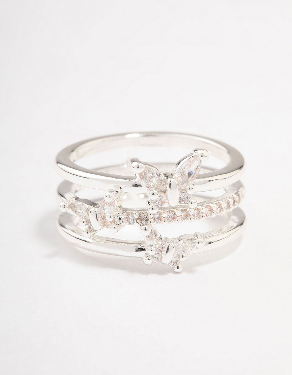 Showcasing silver plated butterfly band ring with detailed close up view