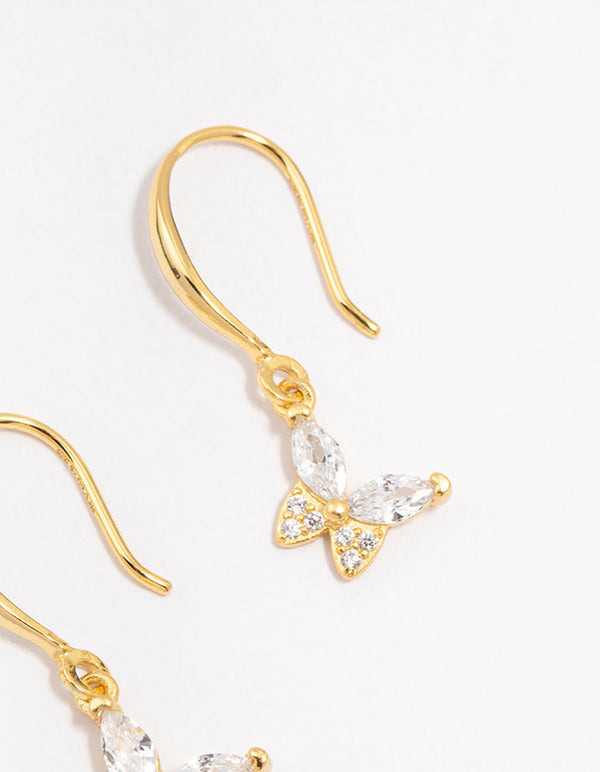 Gold Plated Sterling Silver Cubic Zirconia Butterfly Charm Earrings
