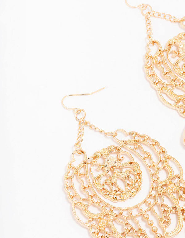 Gold Beaded Filigree Stamp Drop Earrings