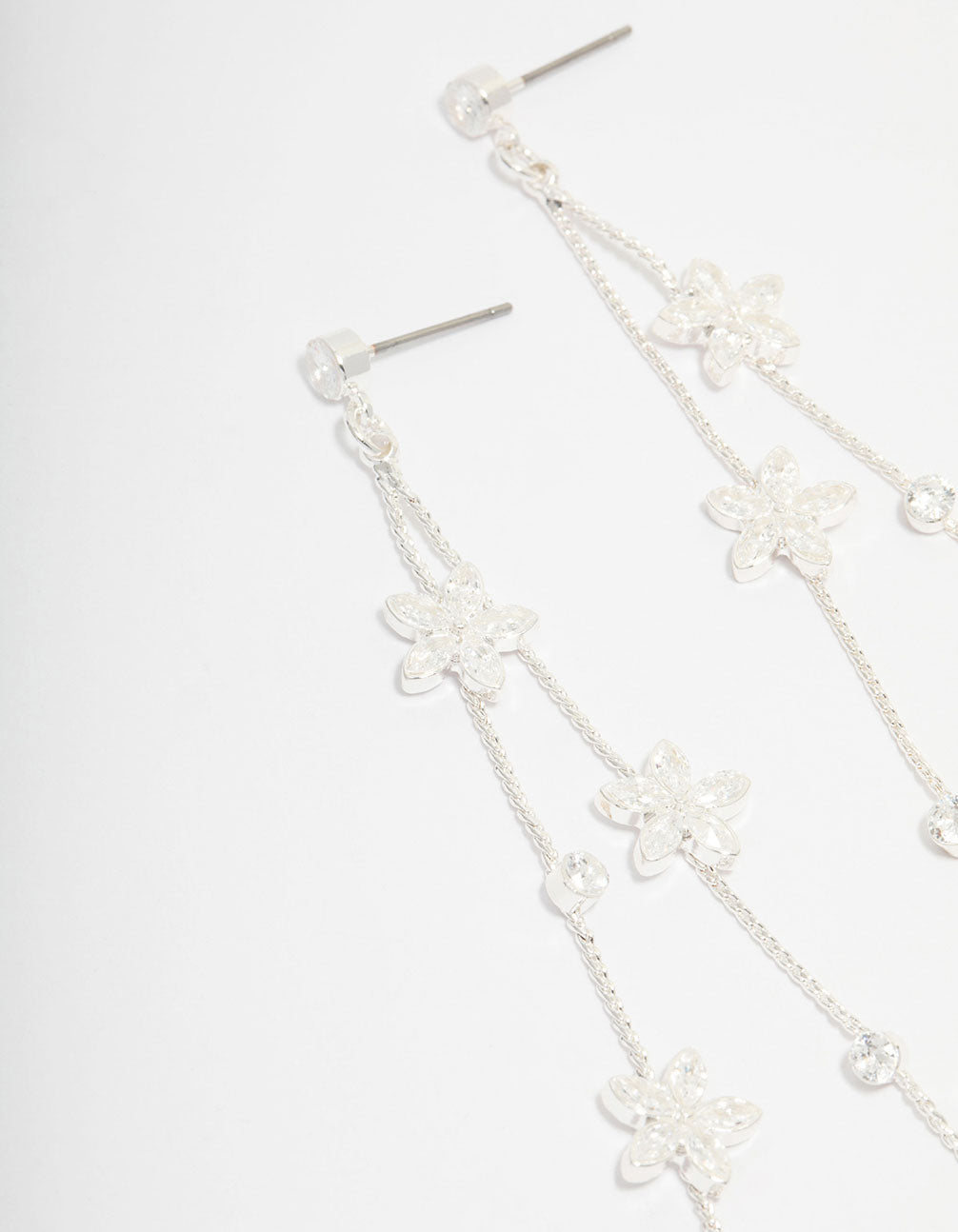 Silver Cubic Zirconia Flower Waterfall Drop Earrings