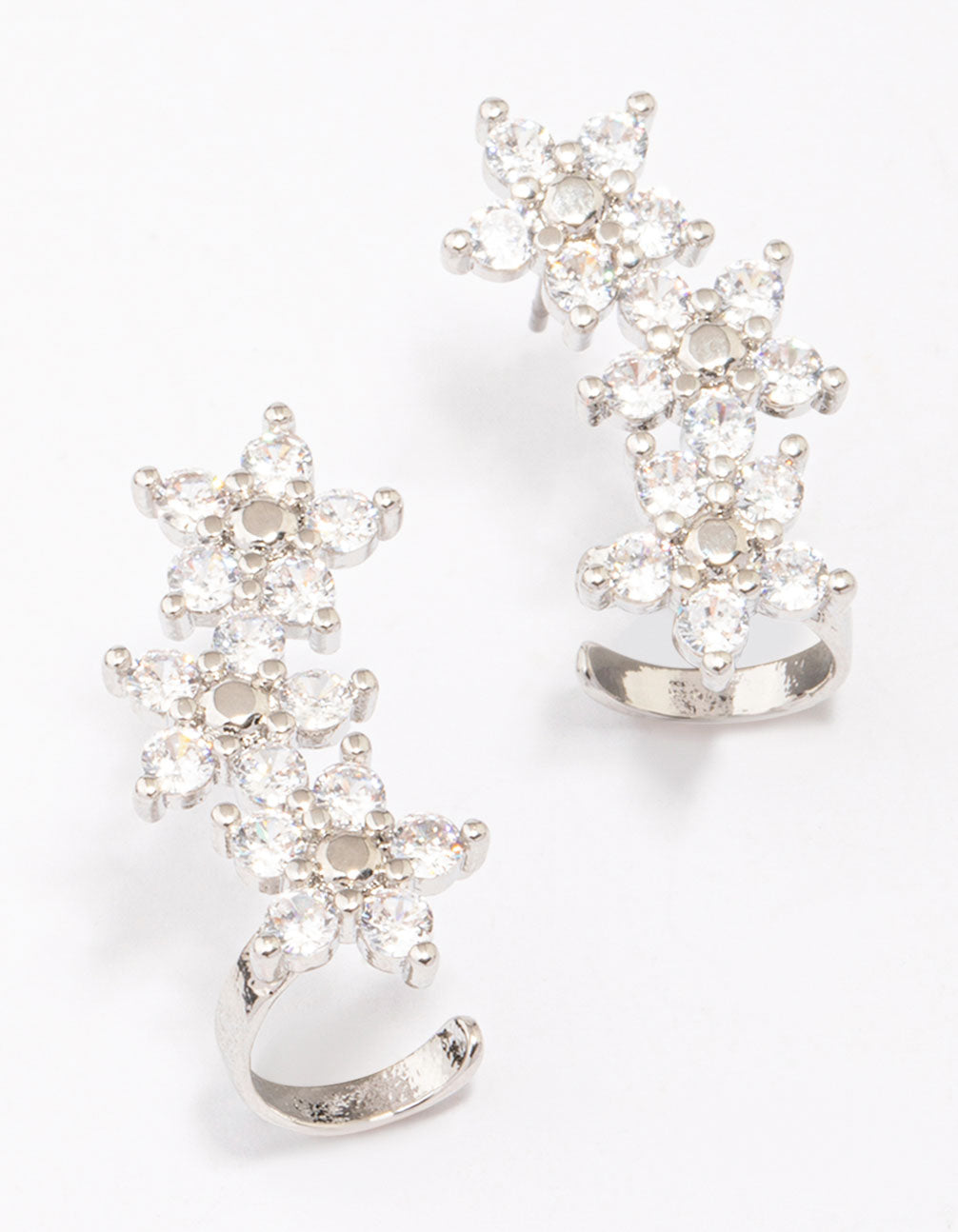 Silver Cubic Zirconia Triple Flower Drop Earrings