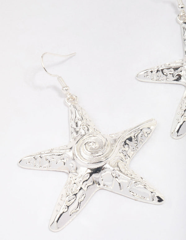 Silver Molten Starfish Drop Earrings