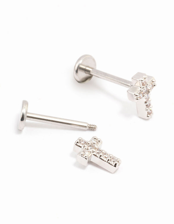 Surgical Steel Cubic Zirconia Cross Flat Back 2-Pack