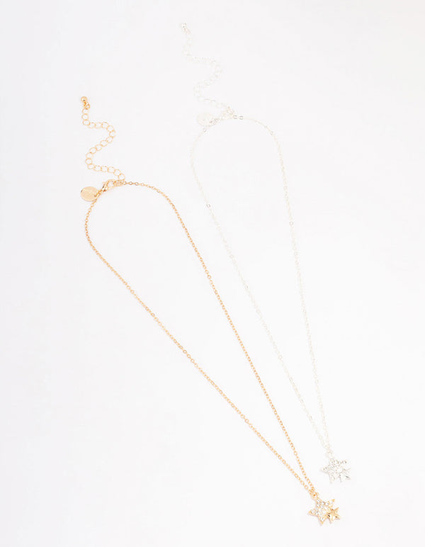 Gold & Silver Double Star Diamante Pendant Necklace Pack