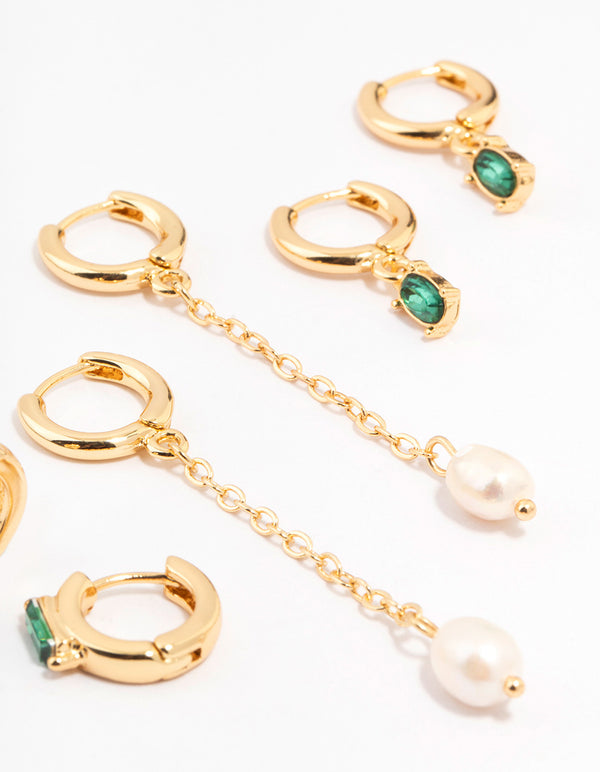 Gold Plated Oval Emerald & Freshwater Pearl Earrings 4-Pack