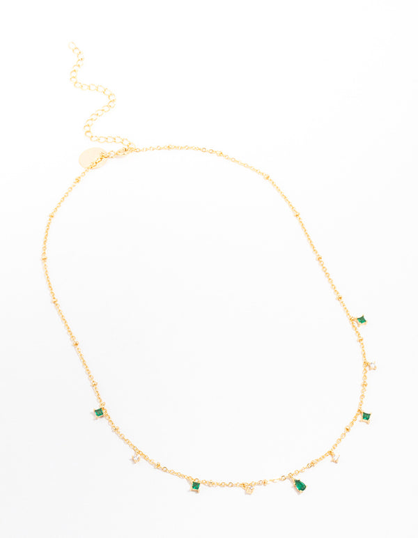 Gold Plated Cubic Zirconia Emerald Pear Dainty Station Necklace