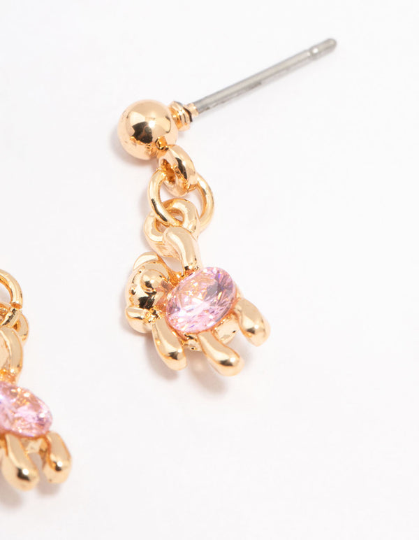 Gold Cubic Zirconia Hanging Teddy Bear Earrings