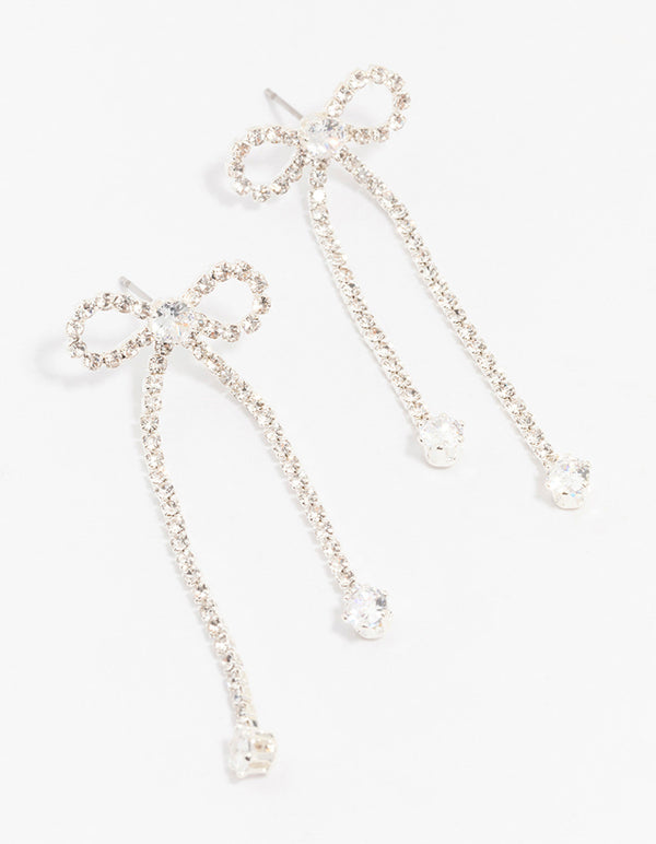 Silver Diamante Cupchain Bow Drop Earrings