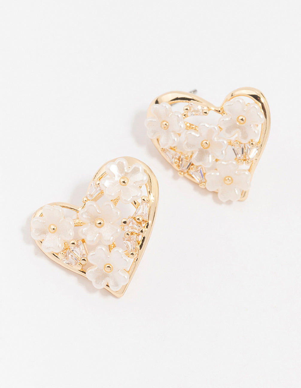 Gold Cubic Zirconia Flower Heart Stud Earrings