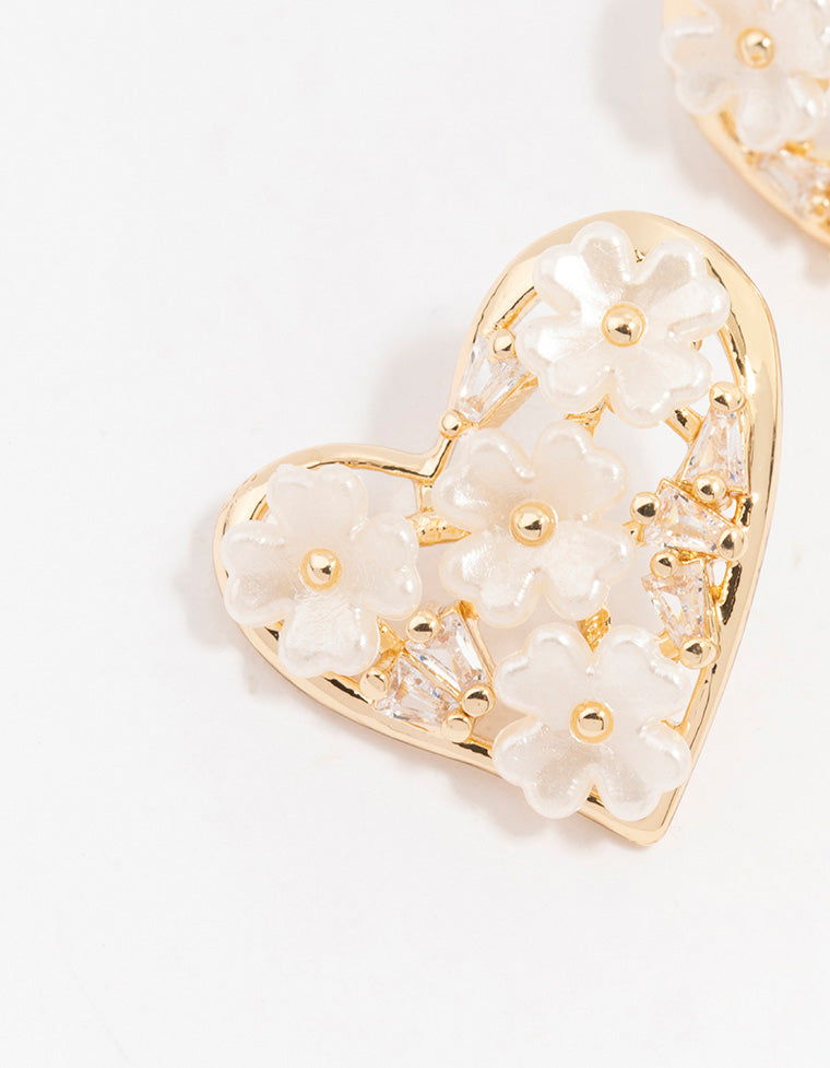 Gold Cubic Zirconia Flower Heart Stud Earrings