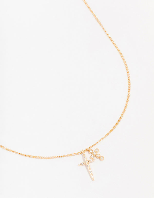 Gold Cubic Zirconia Double Cross Pendant Necklace